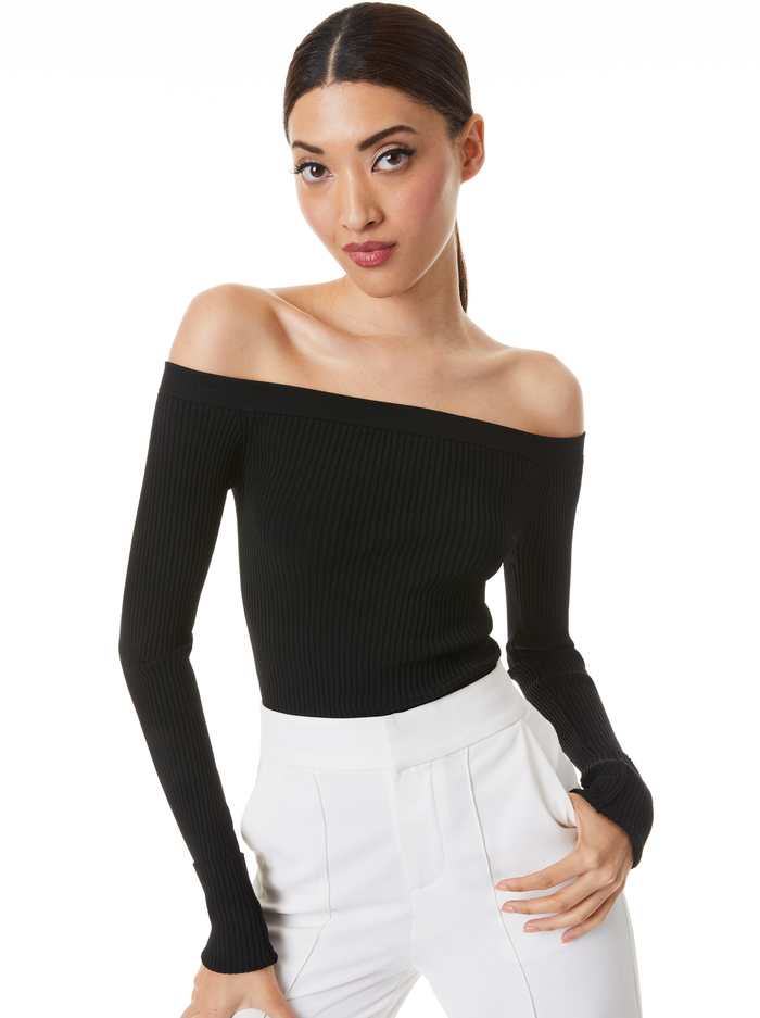 JEANNE OFF SHOULDER RIB PULLOVER - BLACK - Alice And Olivia