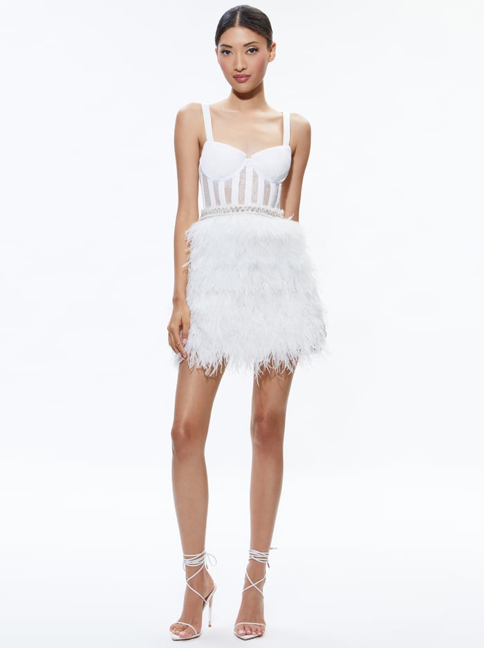 XIA SHEER BUSTIER FEATHERED MINI DRESS - OFF WHITE/ALMOND - Alice And Olivia