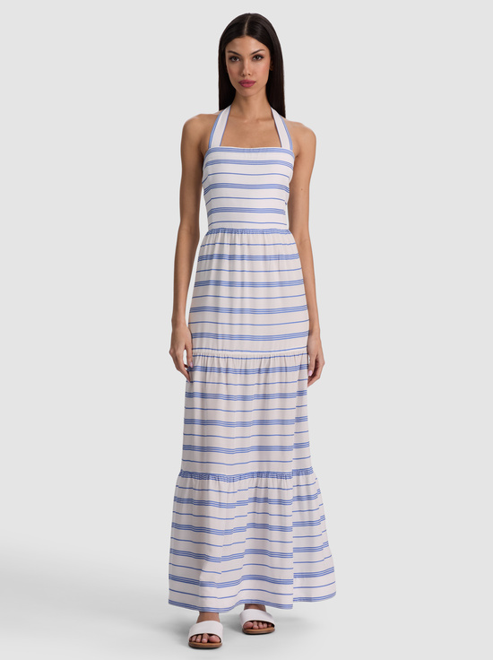 OFF WHITE/BLUE IRIS-SAIGE HALTER TIERED MIDI DRESS