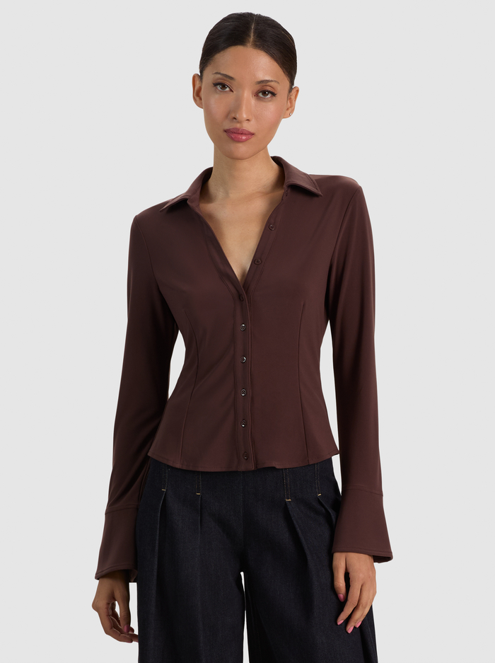 FREYA BUTTON DOWN TOP - DARK CHOCOLATE - ALICE + OLIVIA