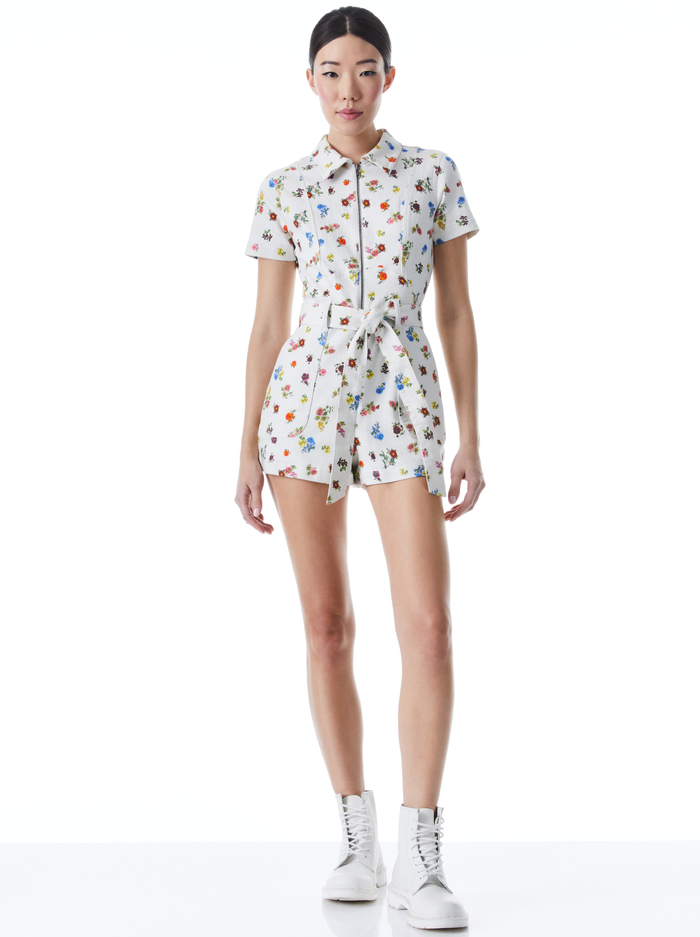 GORGEOUS DENIM ROMPER WITH TIE BELT - OFF WHITE MULTI image 2 - Alice And Olivia