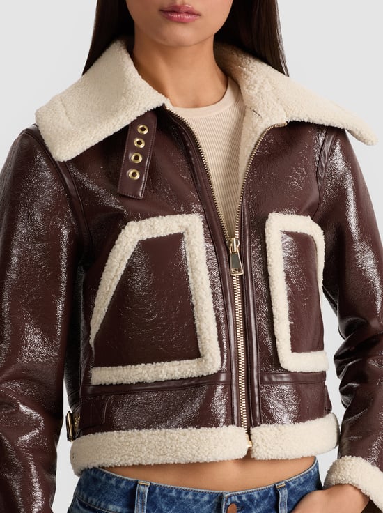 DARK CHOCOLATE/CREAM-ISAIAH FAUX SHEARLING JACKET