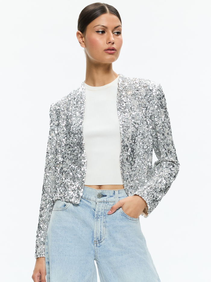 NEW HARVEY SEQUIN OPEN FRONT JACKET - CHAMPAGNE/SILVER - Alice And Olivia