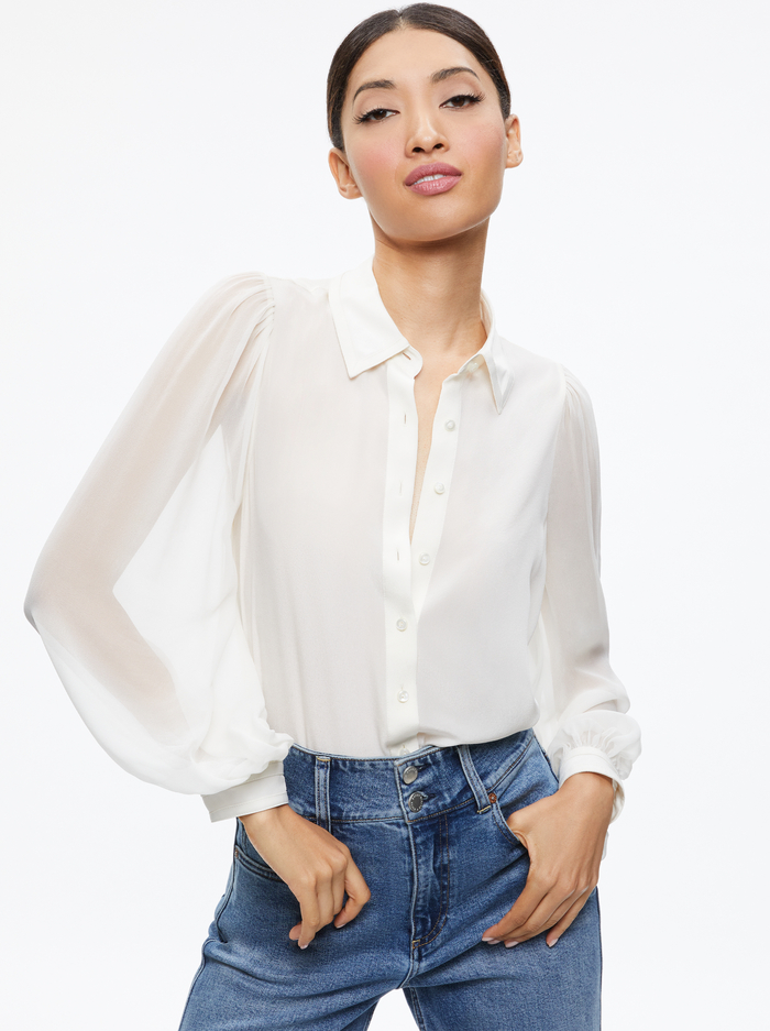 ROANNE BLOUSON SLEEVE BUTTON DOWN - ECRU - Alice And Olivia