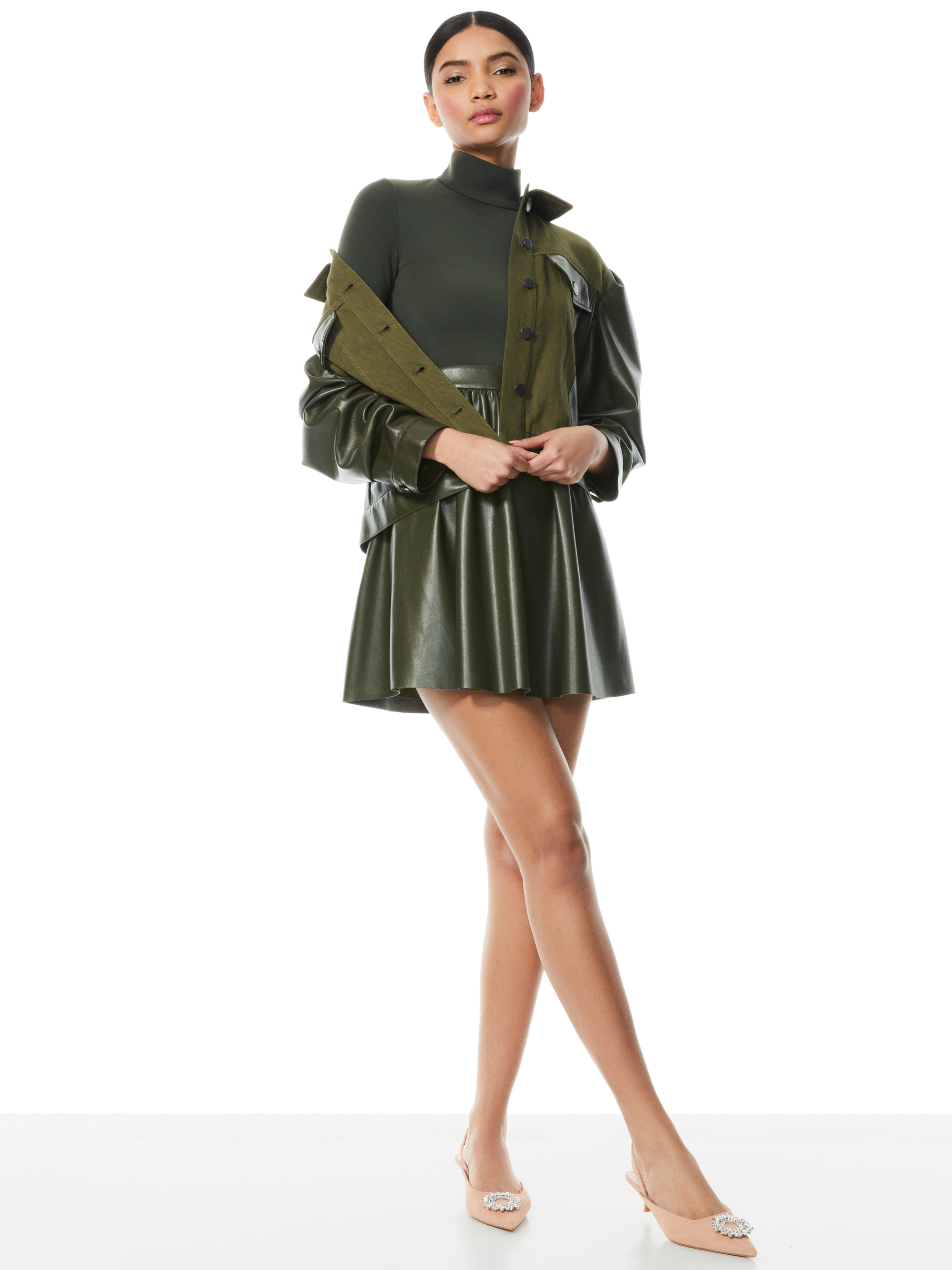 Renee Vegan Leather Combo Jacket In Olive | Alice And Olivia
