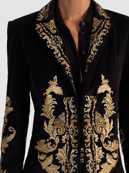 BLACK/GOLD-MACEY EMBROIDERED VELVET COAT