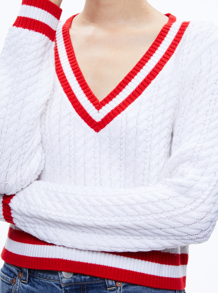 MARIKA CABLE KNIT V-NECK PULLOVER - SOFT WHITE/PERFECT RUBY image 3 - Alice And Olivia