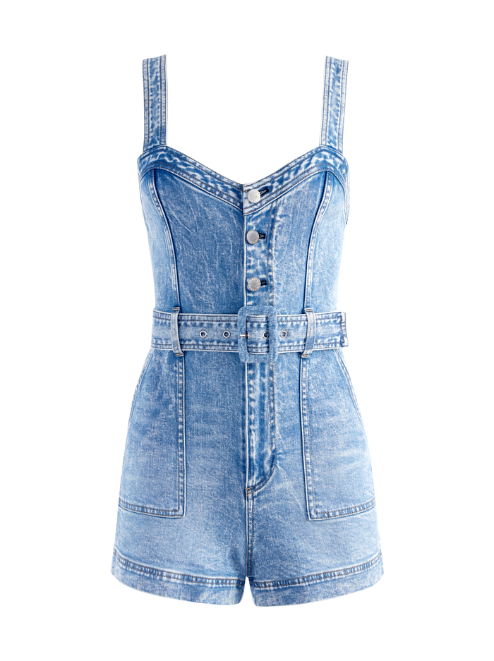 KEI SWEETHEART NECKLINE DENIM ROMPER - ROCKY BLUES image 5 - Alice And Olivia