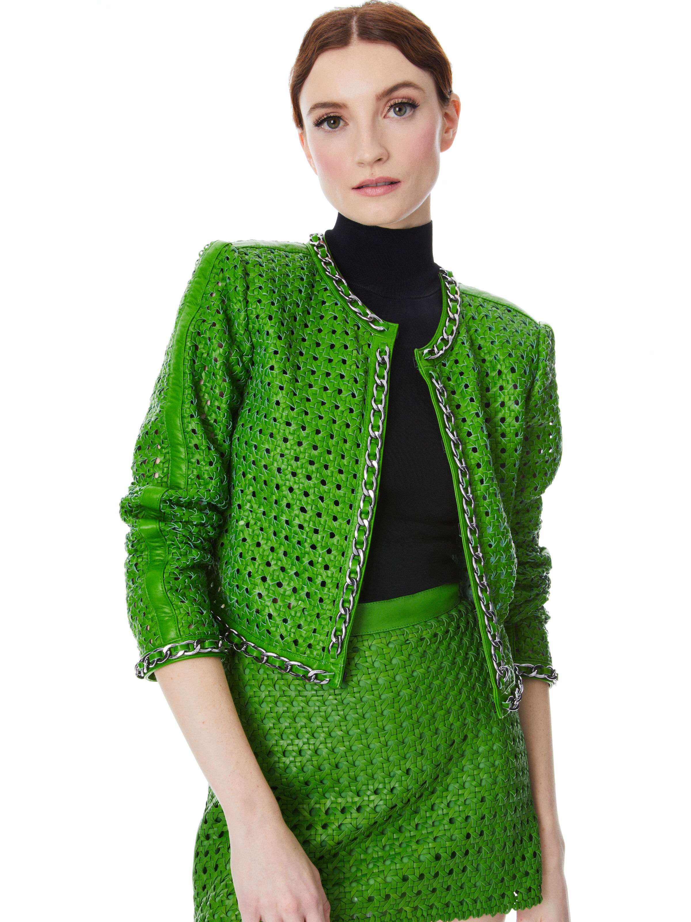BRIXTON LEATHER CROPPED JACKET in PARROT | ALICE + OLIVIA