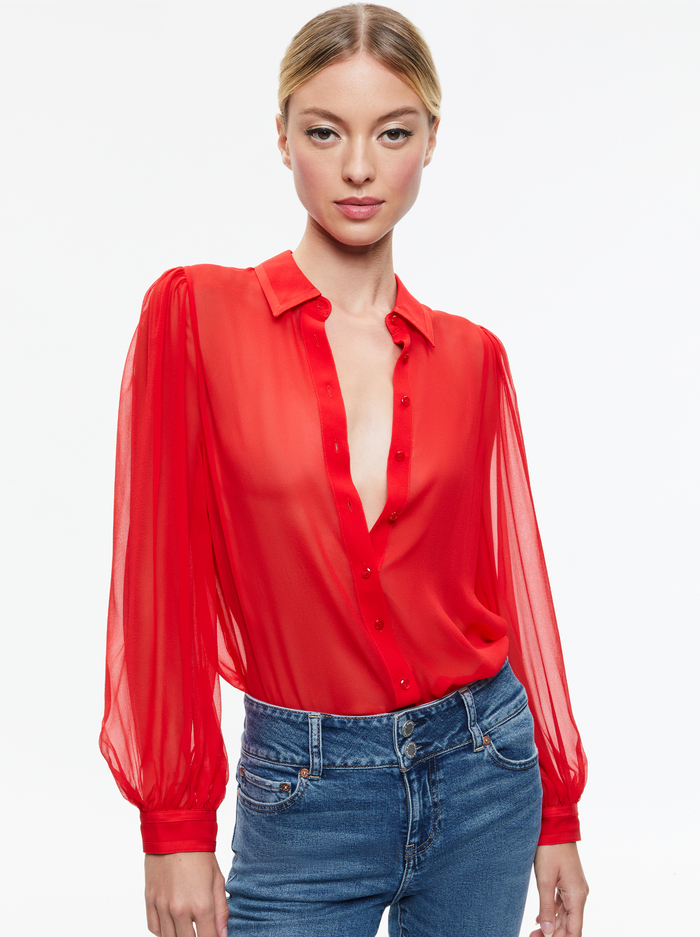 Roanne Blouson Sleeve Button Down In Bright Ruby