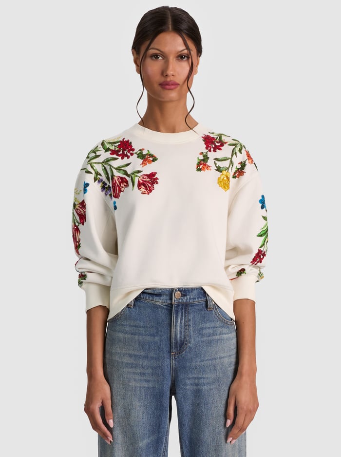 RUSSELL EMBELLISHED CREWNECK SWEATSHIRT - DESERT SPRIGS VANILLA - ALICE + OLIVIA