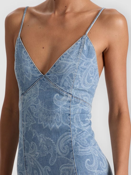 LASER PAISLEY-JULIETTA DENIM MIDI DRESS