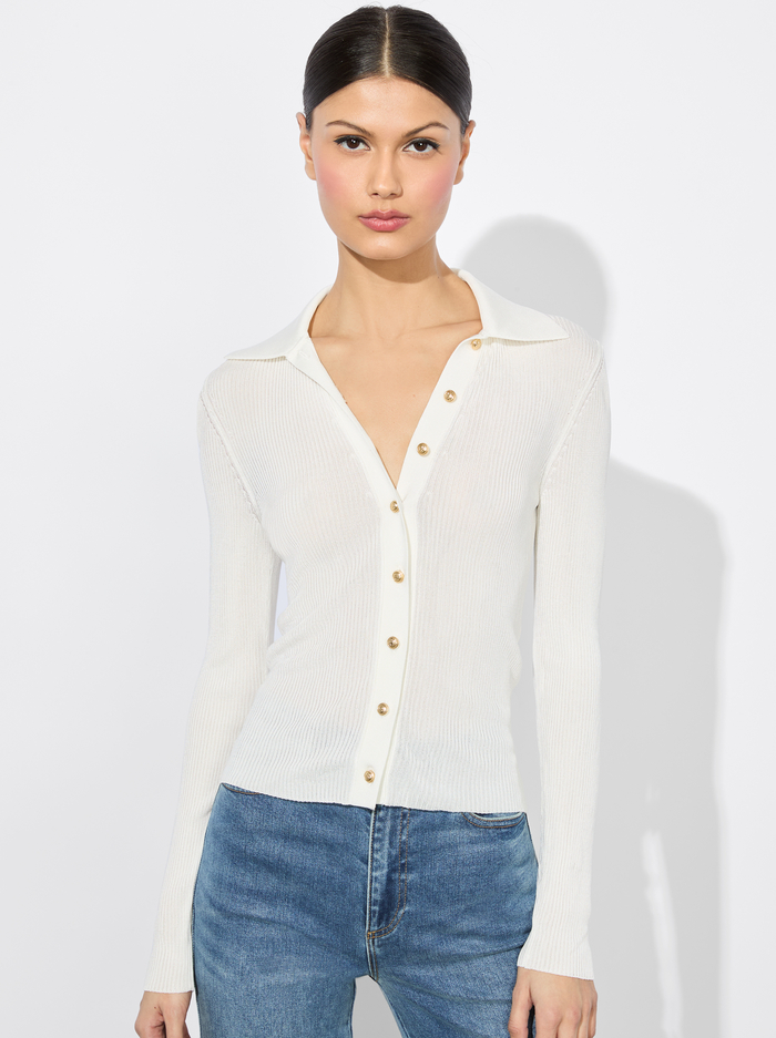 NEALIE RIBBED POLO - SOFT WHITE - Alice And Olivia