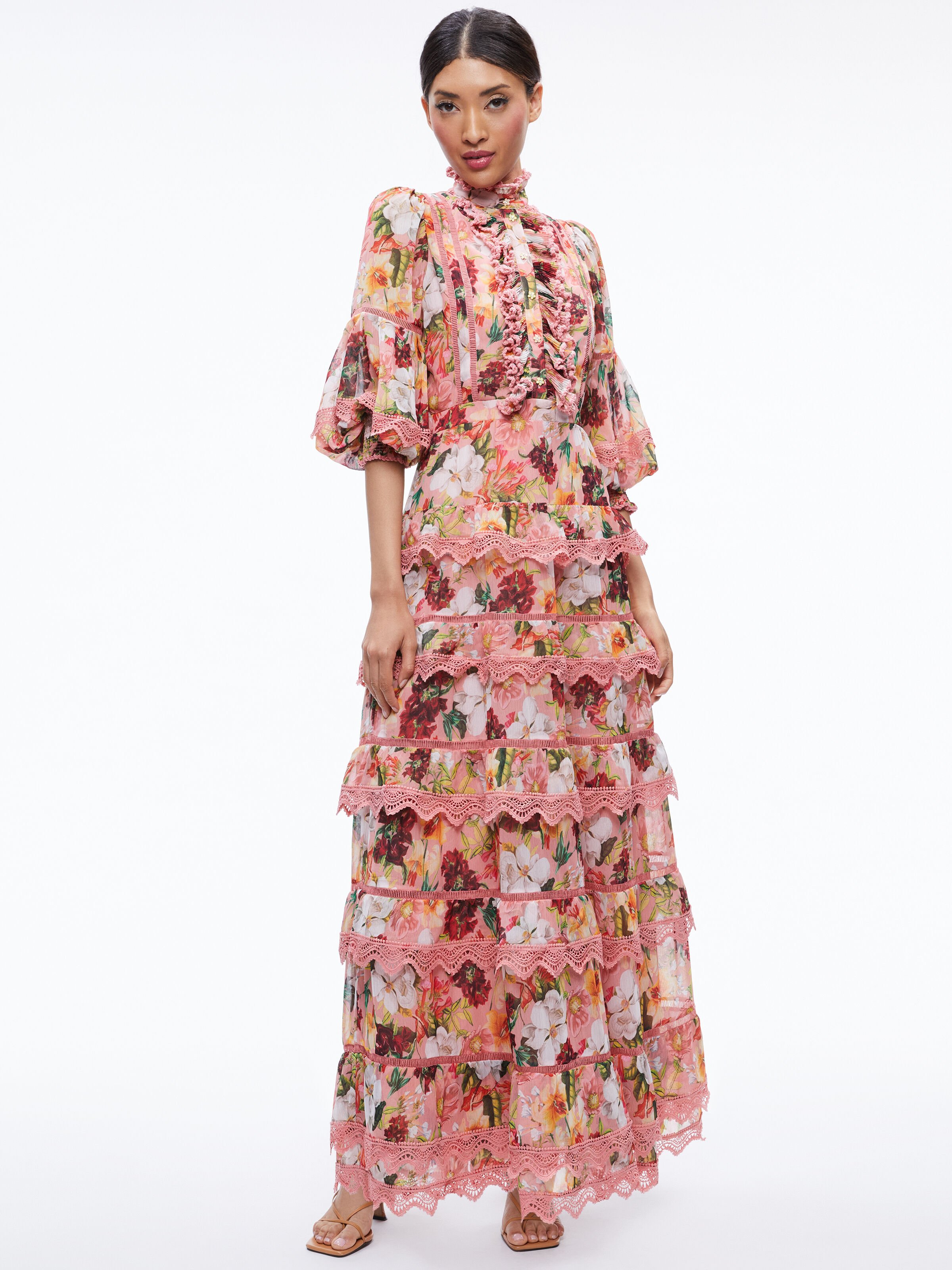 Brooke High Neck Maxi Dress In Juniper Floral Rose Alice Olivia