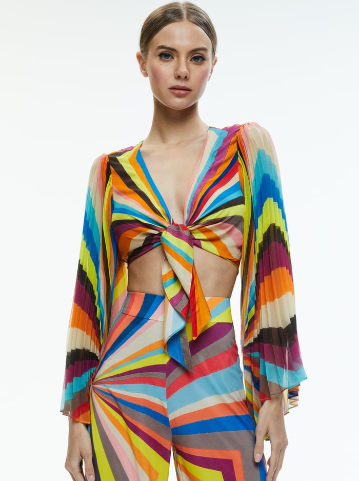 ROCHELLE TIE FRONT PLEATED CROP TOP - POMELO STRIPE - Alice And Olivia