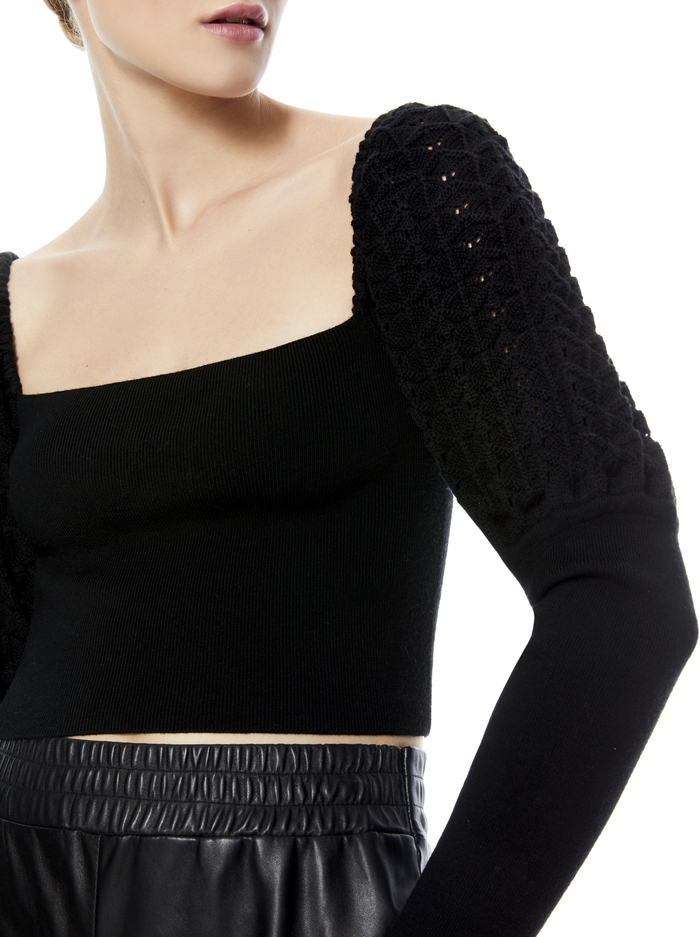 EVALEE PUFF SLEEVE CROPPED SWEATER - BLACK image 3 - Alice And Olivia