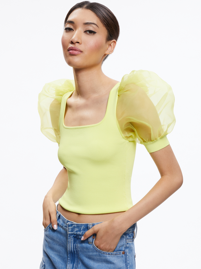 ABELLA PUFF SLEEVE SQUARE NECK SWEATER - LEMON - Alice And Olivia