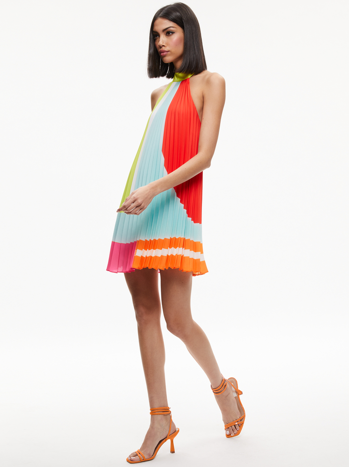 AVIANA HALTERNECK SUNBURST PLEATED MINI DRESS - TAKING SIDES GEO image 2 - Alice And Olivia