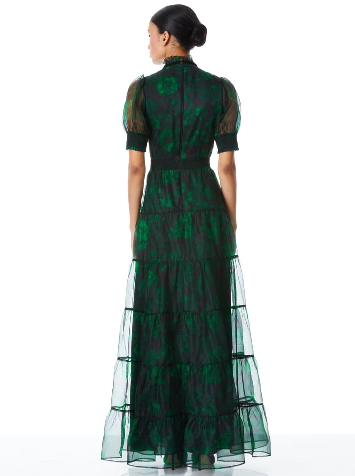 COLETTA VELVET BOW NECK BUTTON FRONT MAXI DRESS - DREAM FLORAL EMERALD image 1 - Alice And Olivia
