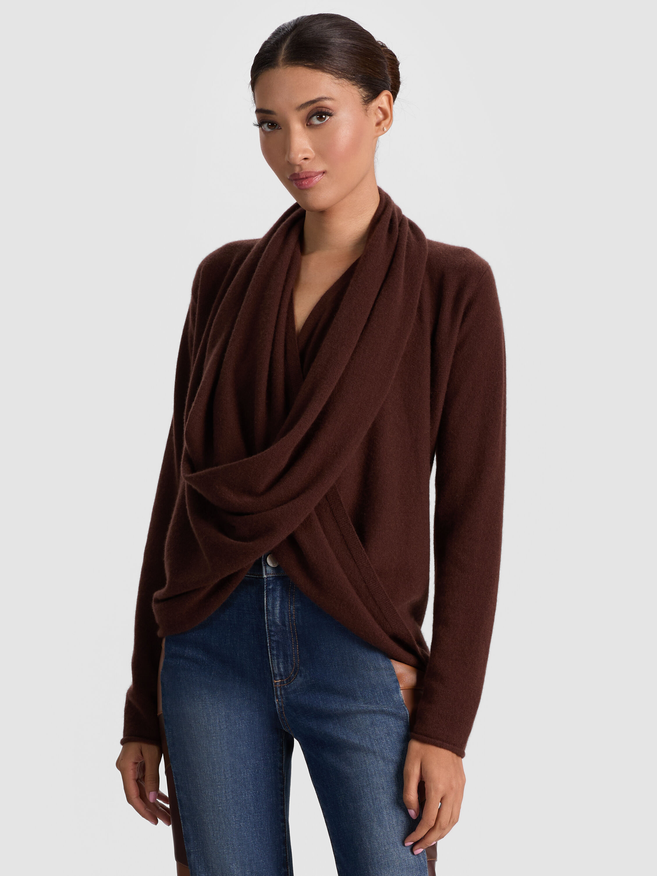 Jules Cashmere Draped Pullover In Dark Chocolate | Alice + Olivia