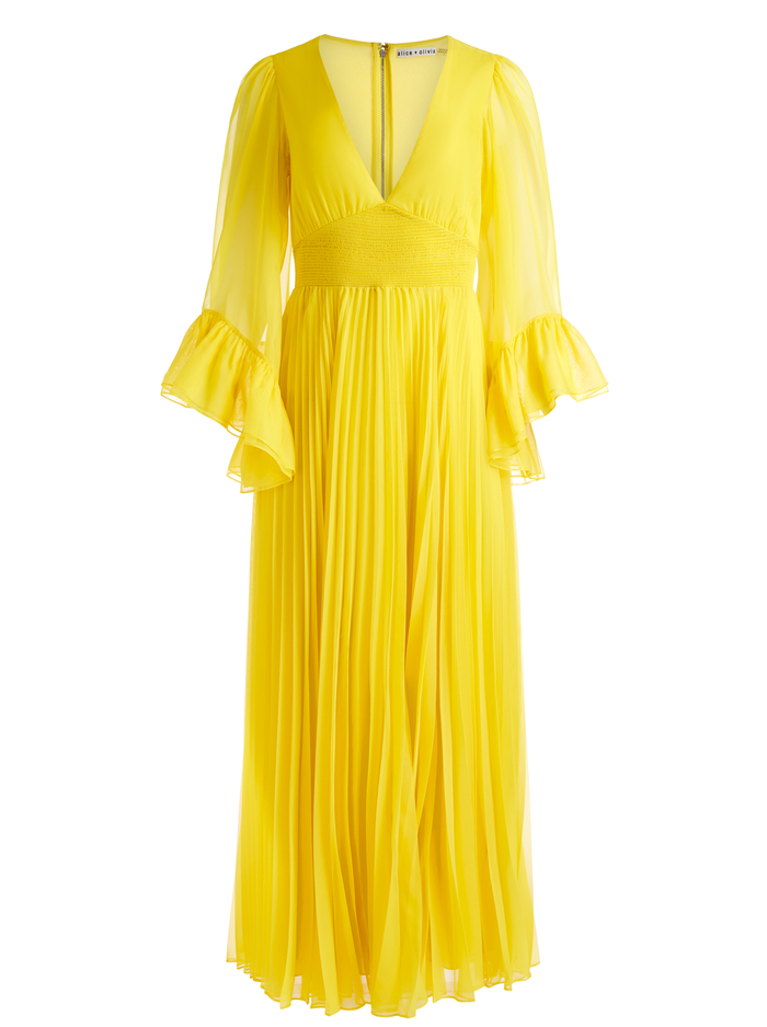 SELENE DEEP V NECK PLEATED MAXI DRESS - HAPPY YELLOW image 5 - Alice And Olivia