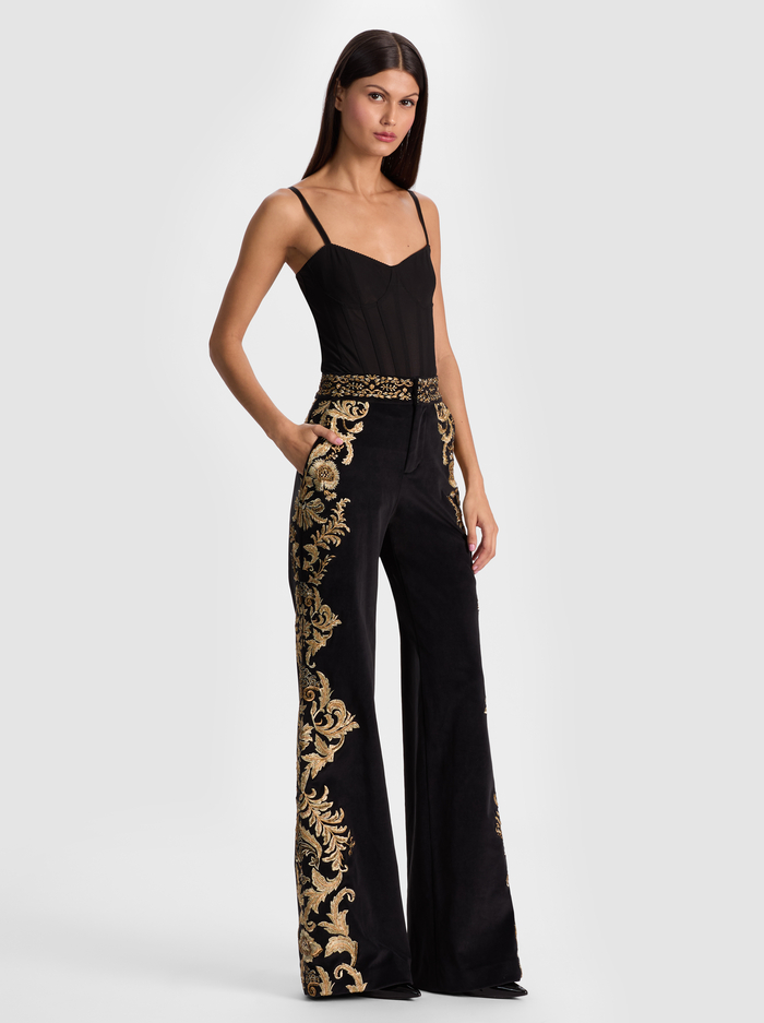 DYLAN EMBROIDERED VELVET PANT - BLACK/GOLD image 4 - Alice And Olivia