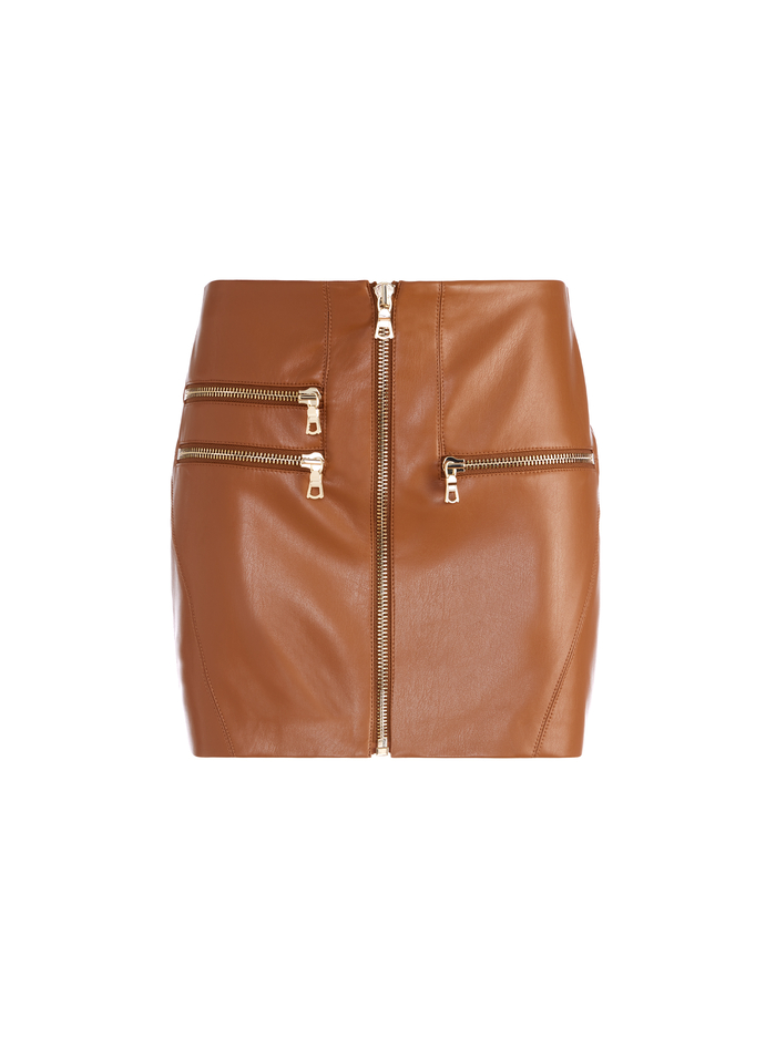KENDALE FRONT ZIP VEGAN LEATHER MINI SKIRT - CAMEL image 5 - ALICE + OLIVIA