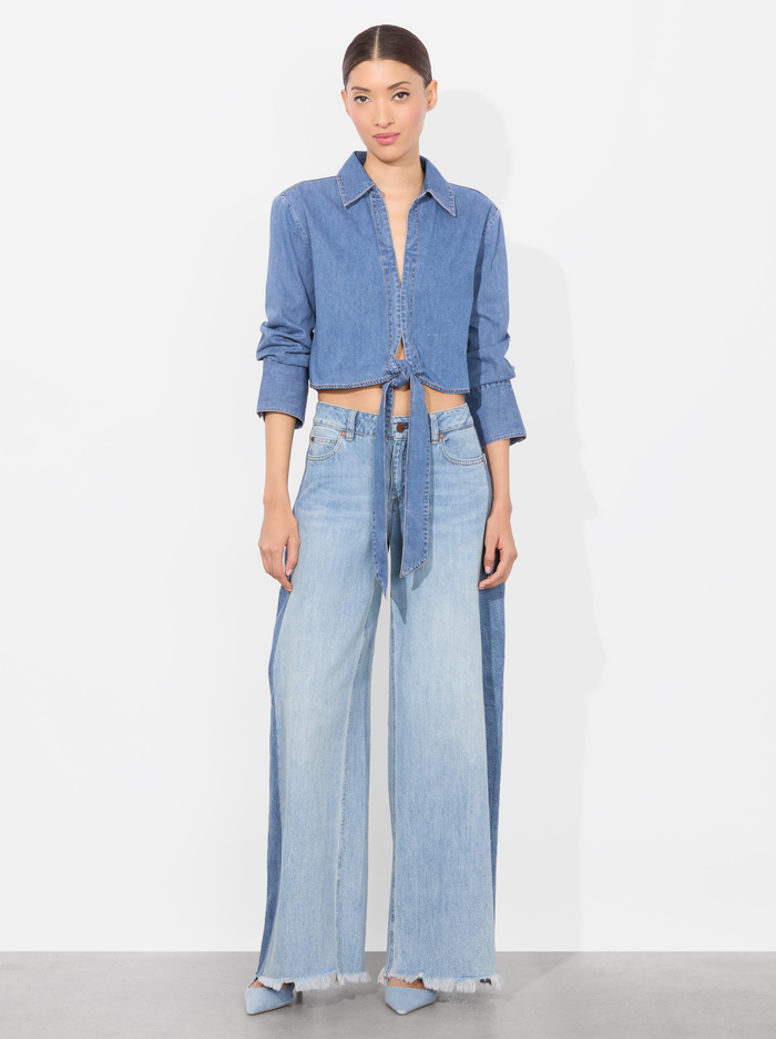 HANNON CHAMBRAY TIE FRONT BLOUSE - MEDIUM INDIGO CHAMBRAY image 1 - Alice And Olivia