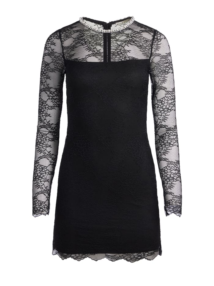 DELORA EMBELLISHED NECK LONG SLEEVE LACE MINI DRESS - BLACK image 5 - Alice And Olivia