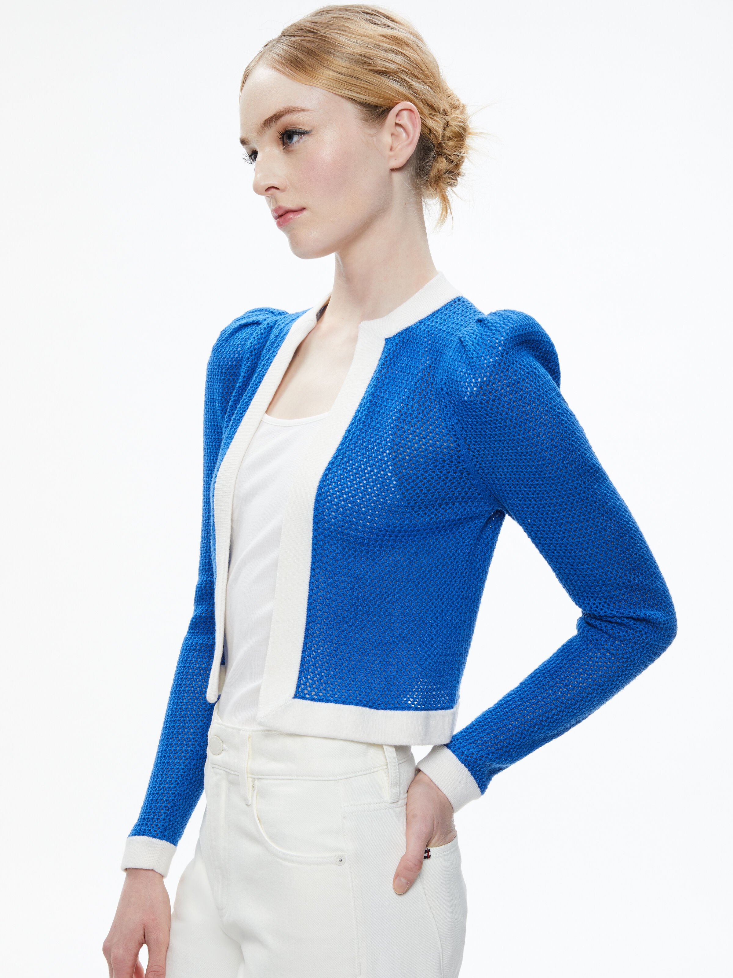 Trina Structured Shoulder Cropped Cardigan In Sapphire/soft White