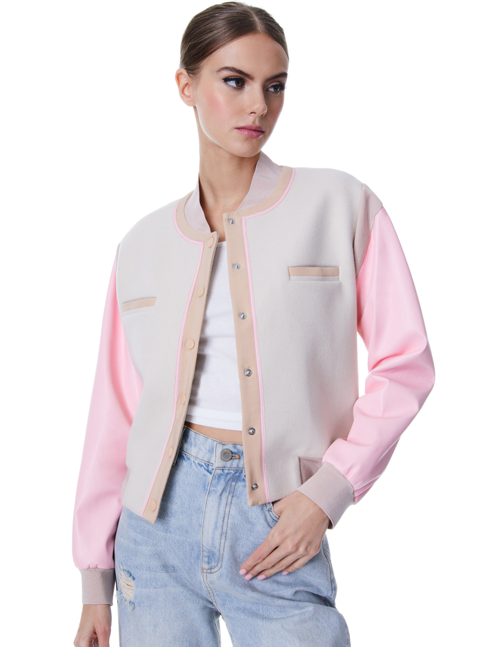 KERI VEGAN LEATHER VARSITY JACKET - ECRU/MULTI - Alice And Olivia
