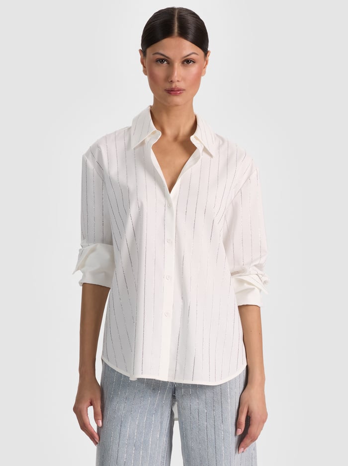 FINELY EMBELLISHED OVERSIZED BUTTON DOWN - OFF WHITE/CLEAR CRYSTAL PINSTR - ALICE + OLIVIA