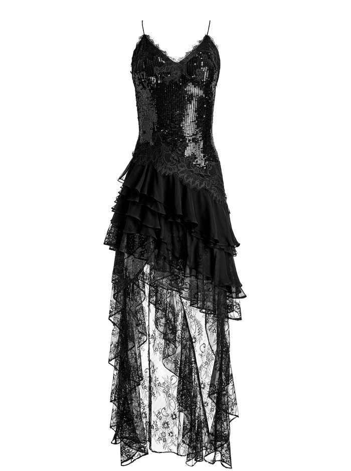 NELIA SEQUINED HIGH LOW RUFFLED MAXI DRESS - BLACK image 5 - Alice And Olivia