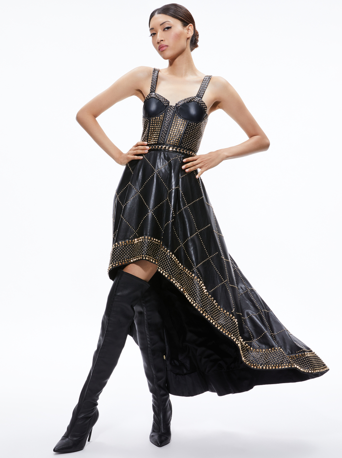 JERLENE STUDDED VEGAN LEATHER CORSET GOWN - BLACK - Alice And Olivia