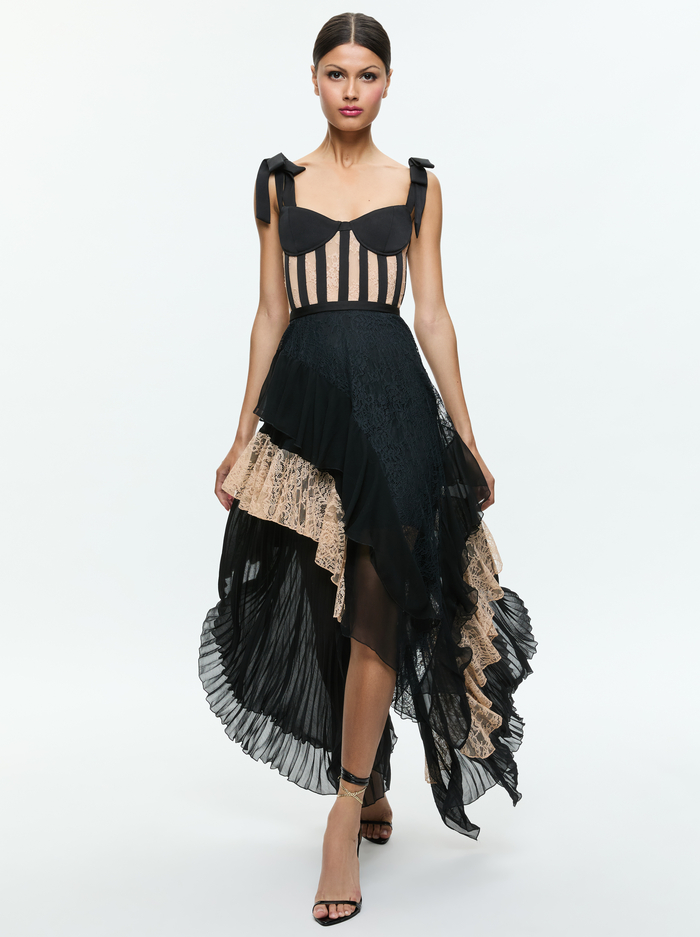 ZAYA BUSTIER RUFFLE MAXI DRESS - BLACK/ALMOND image 3 - Alice And Olivia