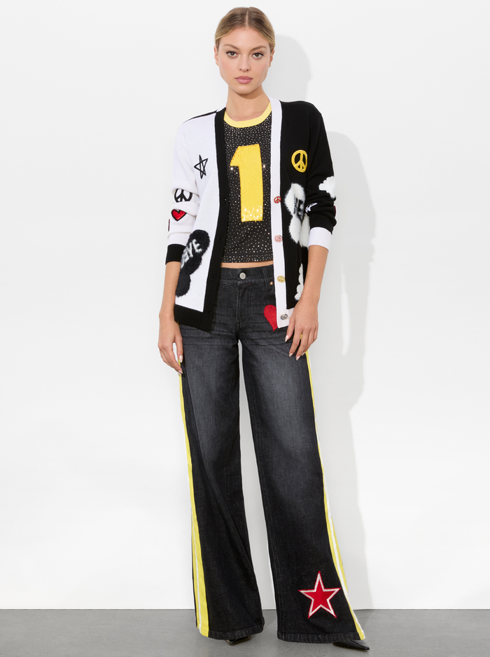 A+O X THE BEATLES BRADFORD CARDIGAN - SOFT WHITE/BLACK MULTI image 2 - Alice And Olivia