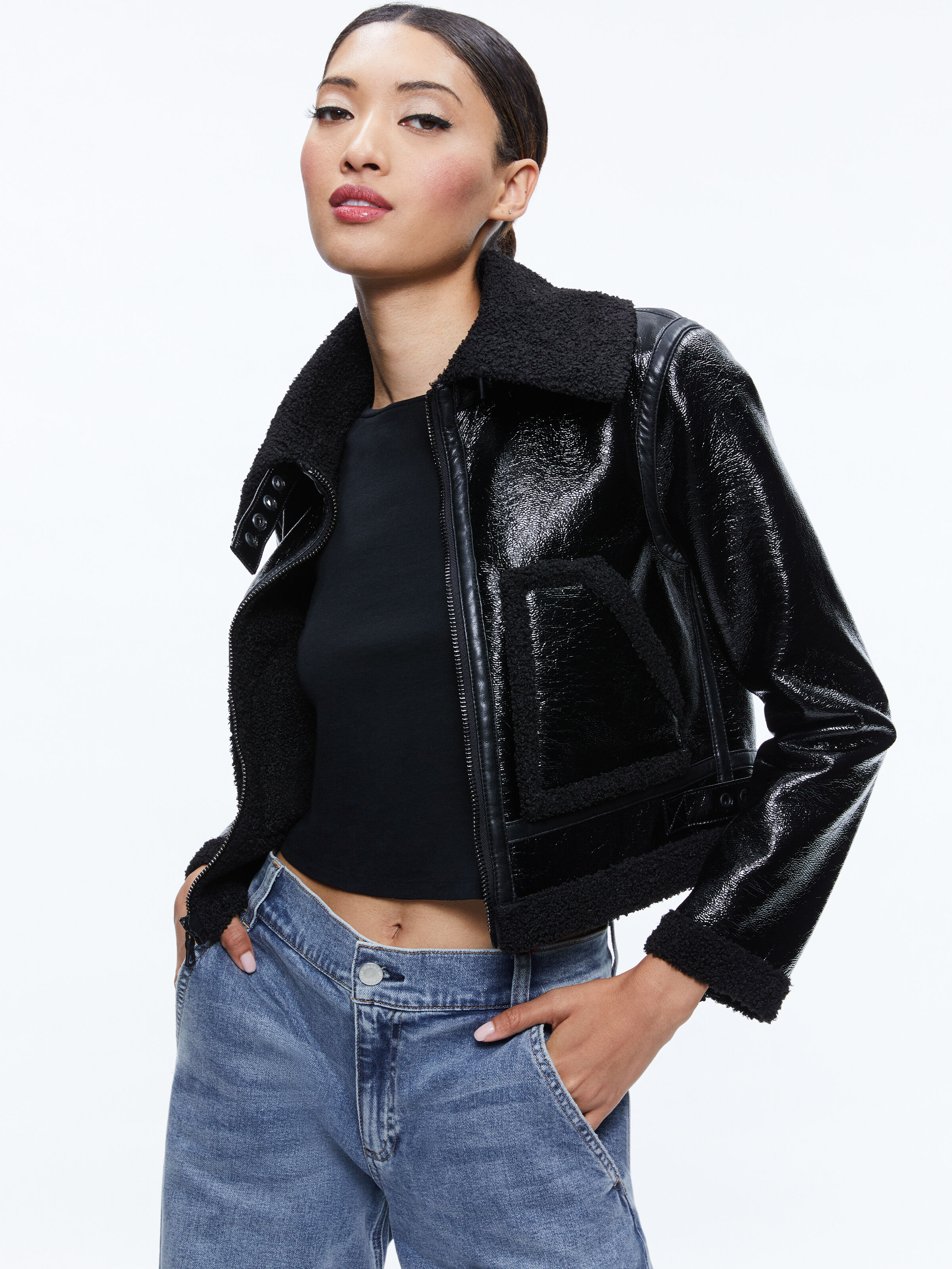 Isaiah Vegan Leather Faux Shearling Cropped Jacket In Black