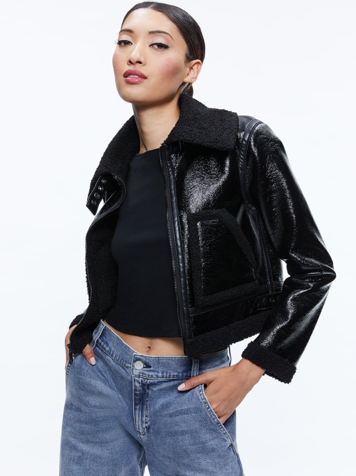 ISAIAH VEGAN LEATHER FAUX SHEARLING CROPPED JACKET - BLACK - Alice And Olivia