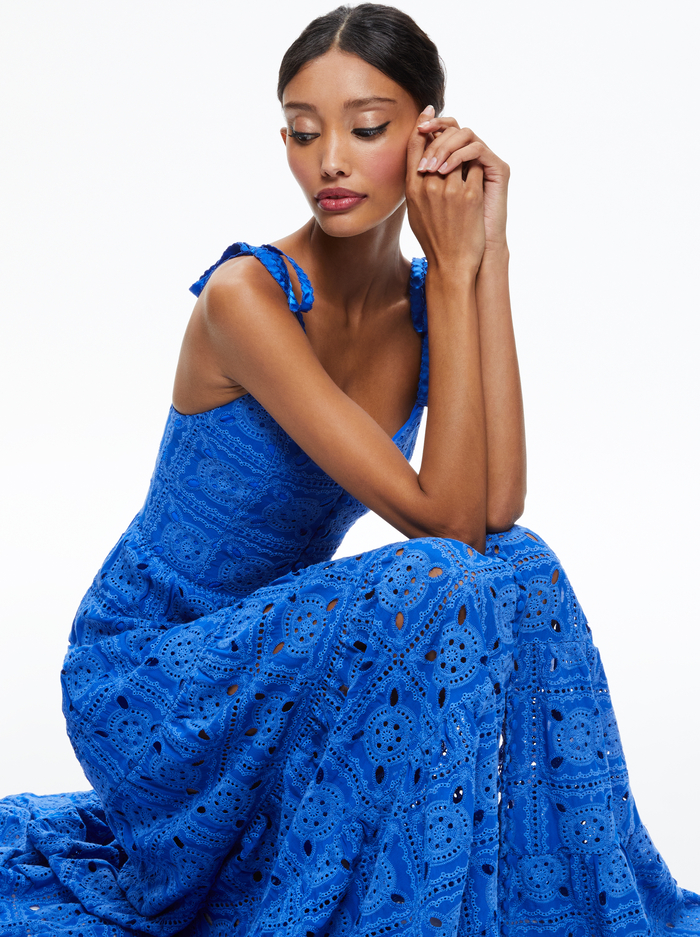 SHANTI EYELET BUTTON FRONT TIERED DRESS - SAPPHIRE image 3 - Alice And Olivia