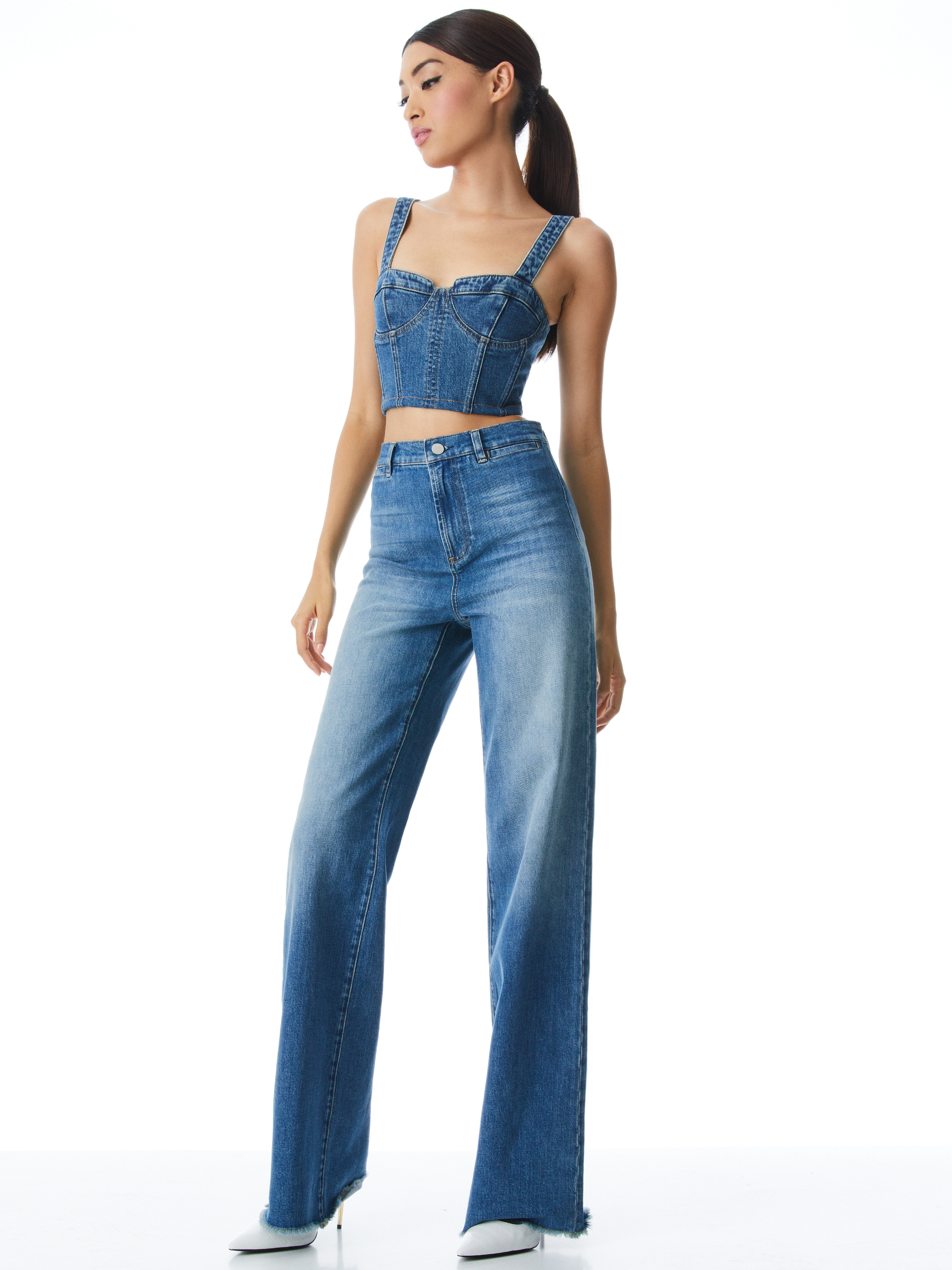 Jeanna Denim Bustier Crop Top In Best Intentions | Alice And Olivia