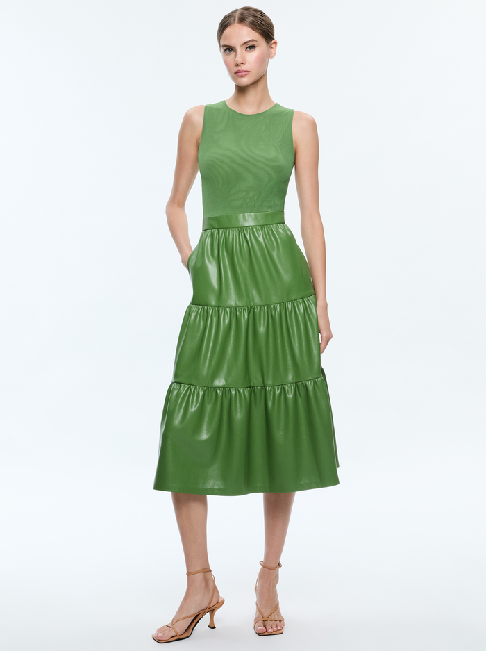 CHARA VEGAN LEATHER SLEEVELESS TIERED MIDI DRESS - AVOCADO - Alice And Olivia