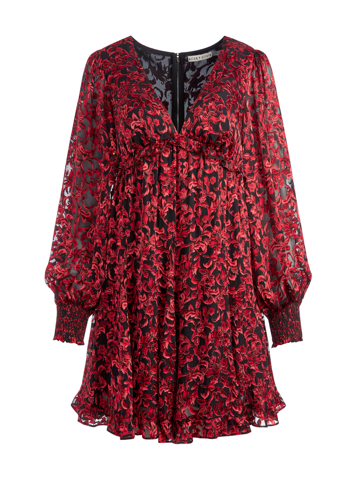 BRIAR BLOUSON SLEEVE MINI DRESS - UPSTATE SCROLL DEEP RUBY image 5 - ALICE + OLIVIA