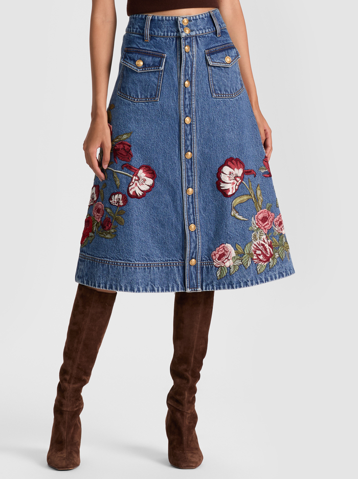 DAHLIA EMBROIDERED DENIM SKIRT - BROOKLYN BLUE/MULTI - Alice And Olivia