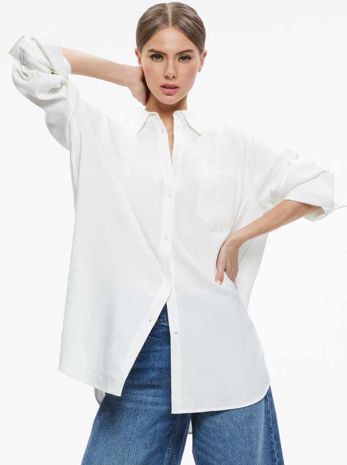 FINELY OVERSIZED LINEN BUTTON DOWN SHIRT - WHITE - Alice And Olivia