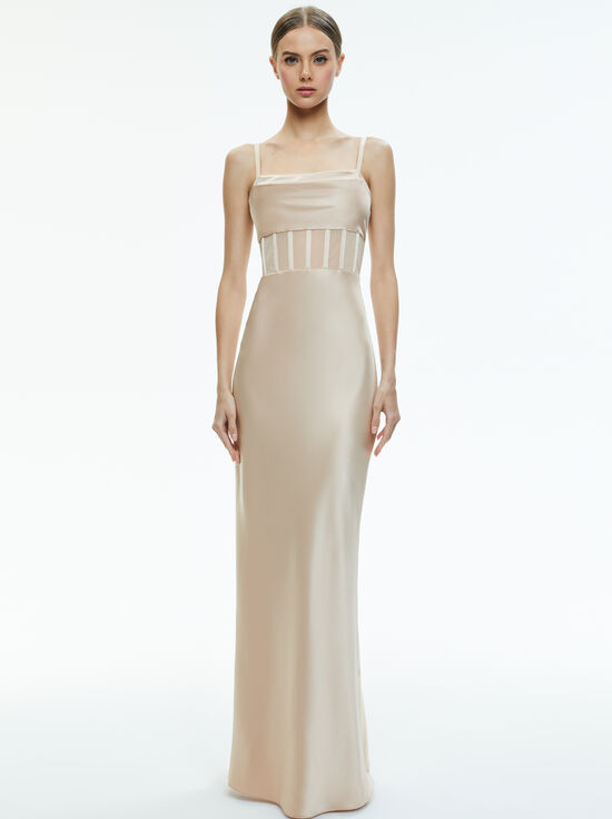 ALMOND-VALENTINA DRAPED CORSET MAXI DRESS