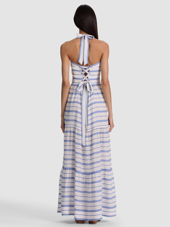 OFF WHITE/BLUE IRIS-SAIGE HALTER TIERED MIDI DRESS