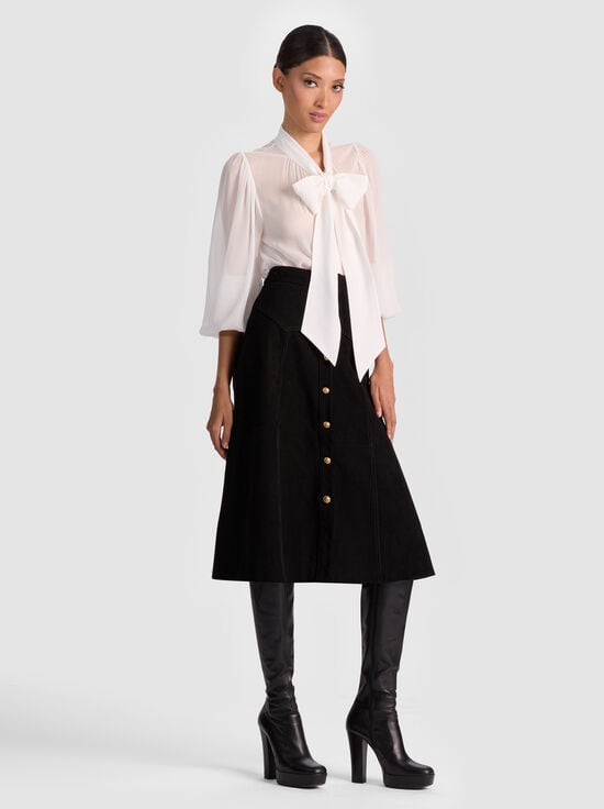BLACK-CALICA SUEDE MIDI SKIRT