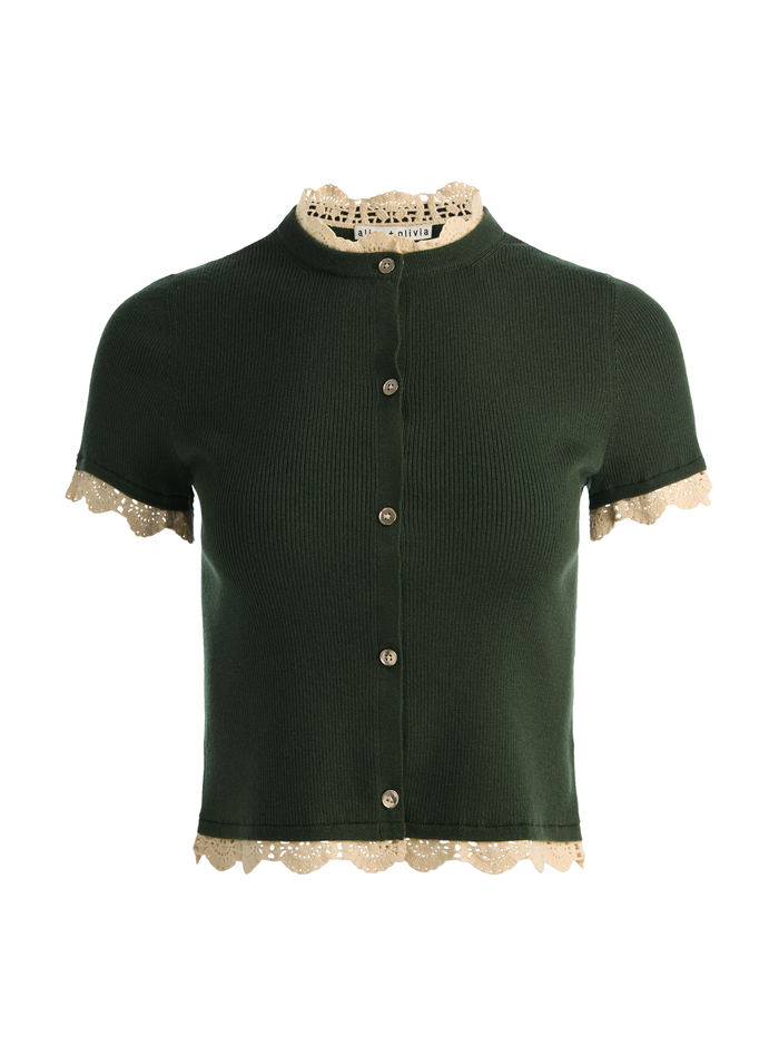 CIARA LACE TRIM CARDIGAN - DARK FERN/NATURAL image 5 - ALICE + OLIVIA