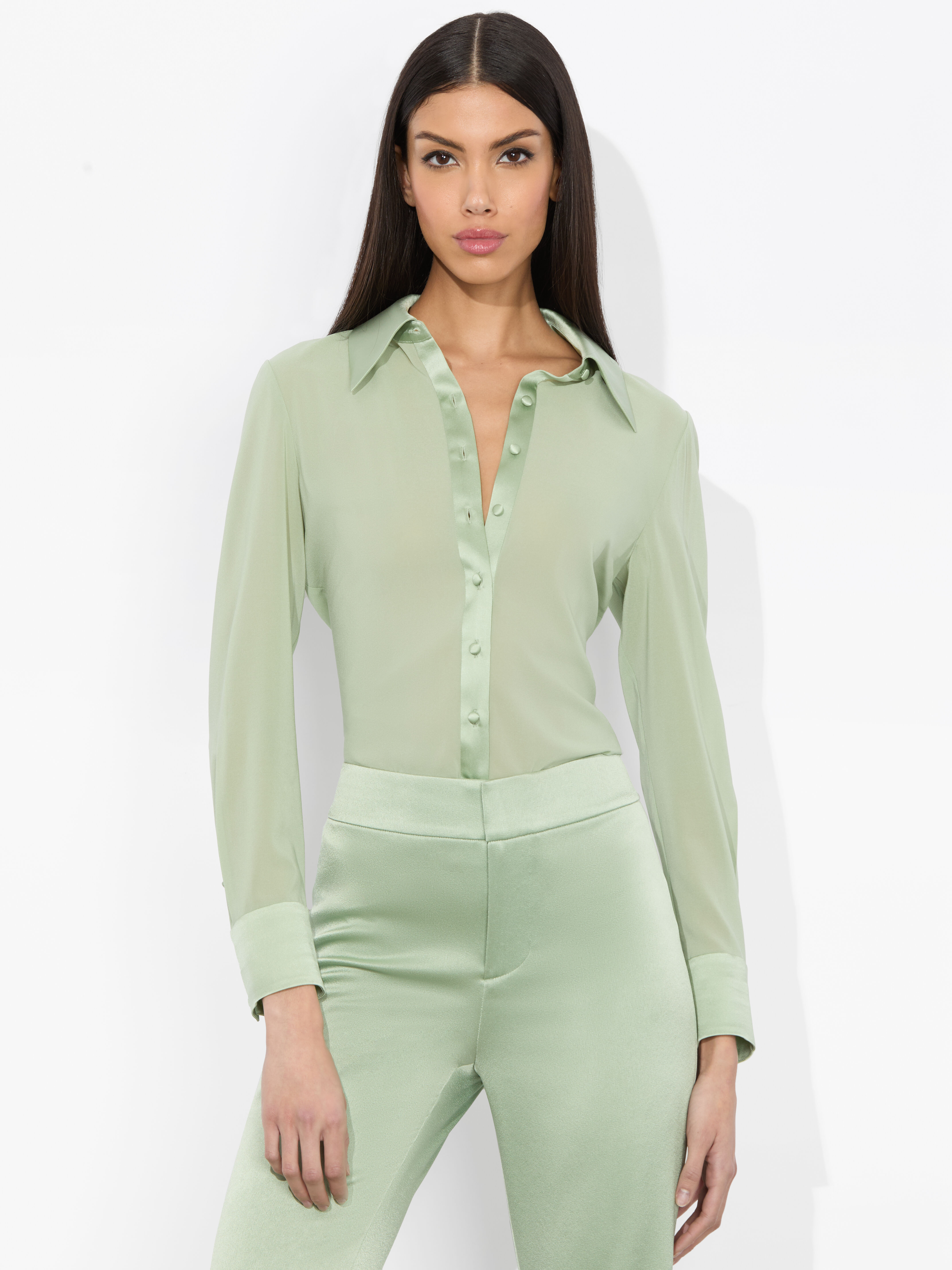 Willa 70s Collar Silk Blouse In Sage | Alice + Olivia