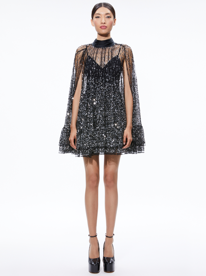 ZENON CAPE MINI DRESS - BLACK/SILVER image 4 - Alice And Olivia